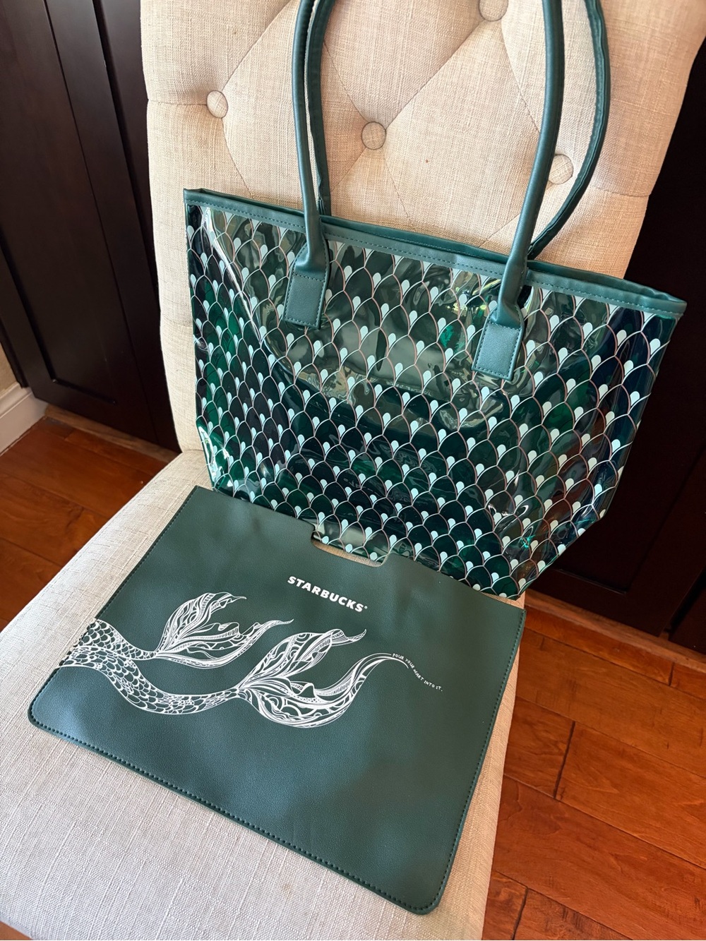Starbucks Dark Green Mermaid Scale Tote Bag with Teal Accents
